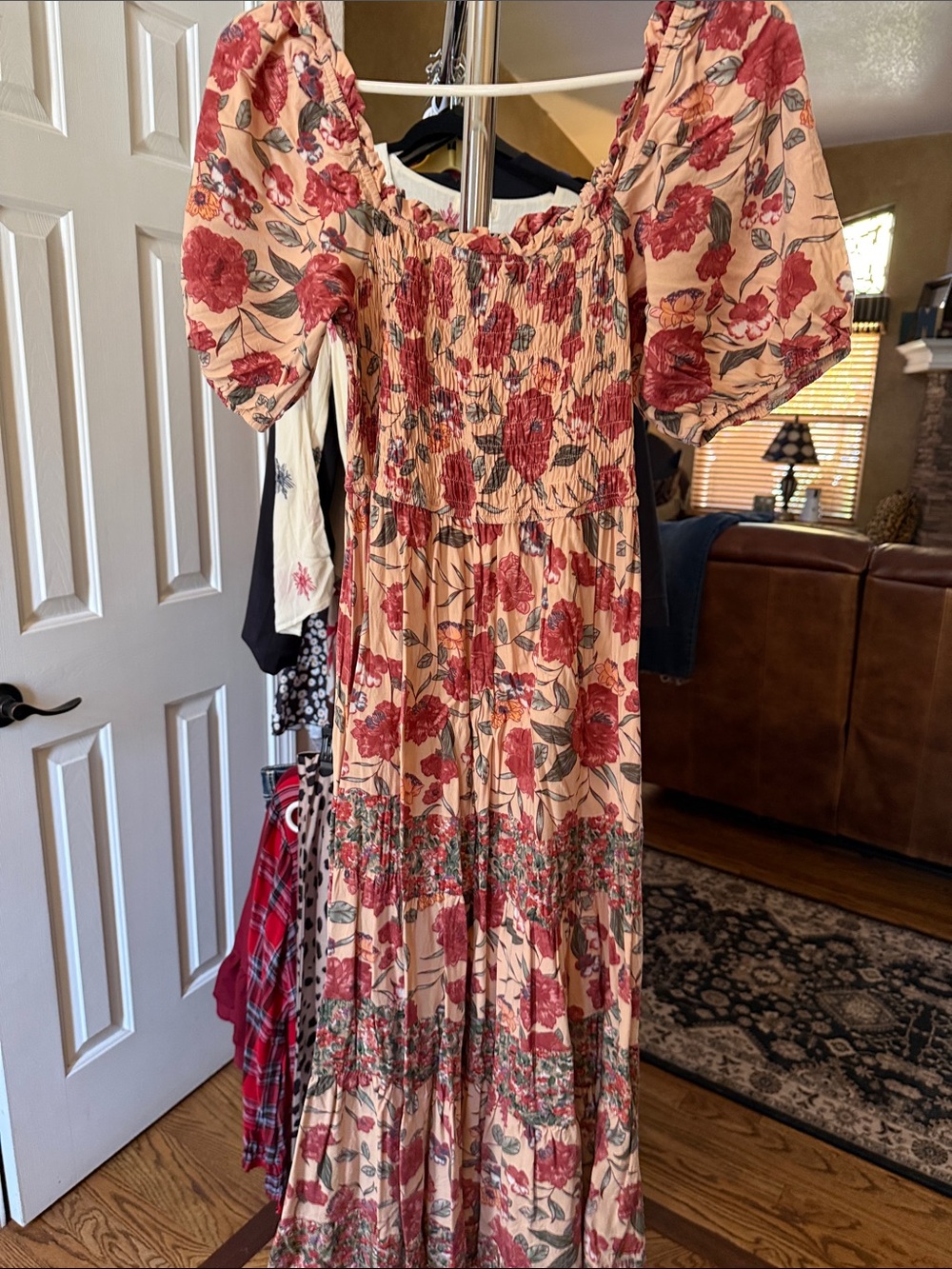 Floral Smocked Midi Dress in Peach with Red Blooms - Picture 2 of 4